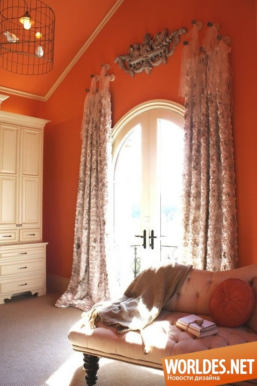 интерьер с оранжевыми стенами, оранжевые стены, стены в оранжевом цвете