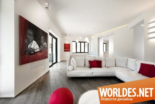 дизайн интерьера, интерьер квартиры, минималистский интерьер, интерьер в красно-белой цветовой гамме, светлый интерьер