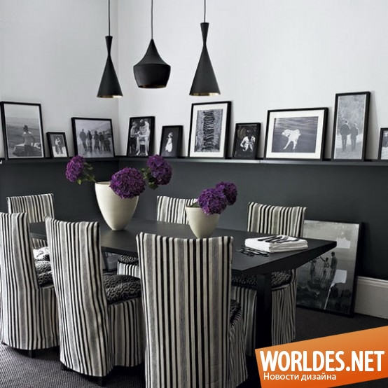 дизайн интерьера столовой, идеи оформления столовой в черно-белом цвете, столовая комната, черно-белая столовая
