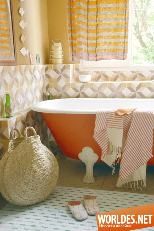 дизайн ванной комнаты, идеи ванных комнат, ванные комнаты в оранжевом цвете, оригинальные ванные комнаты