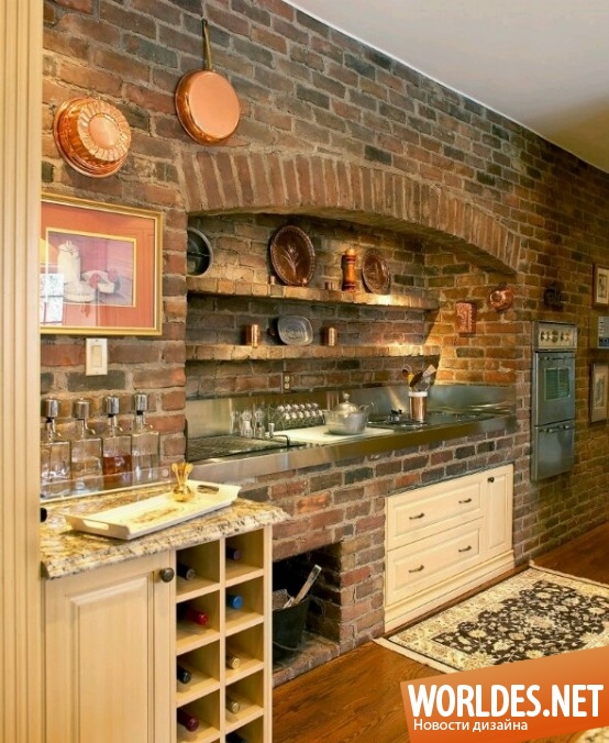 современные кухни, кирпичные кухни, кухни с кирпичными стенами, оформление кухонь с помощью кирпича