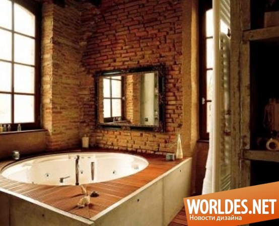 ванные комнаты, уютные ванные комнаты, ванные комнаты с кирпичными стенами, кирпичные стены в ванных комнатах