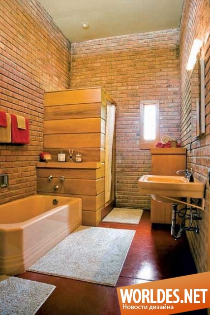 ванные комнаты, уютные ванные комнаты, ванные комнаты с кирпичными стенами, кирпичные стены в ванных комнатах