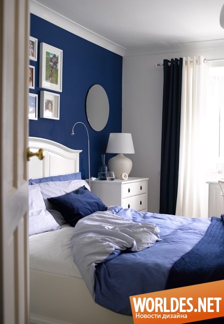спальни в синих оттенках, интерьер спальни с синими аксессуарами, спальни с оттенками синего цвета