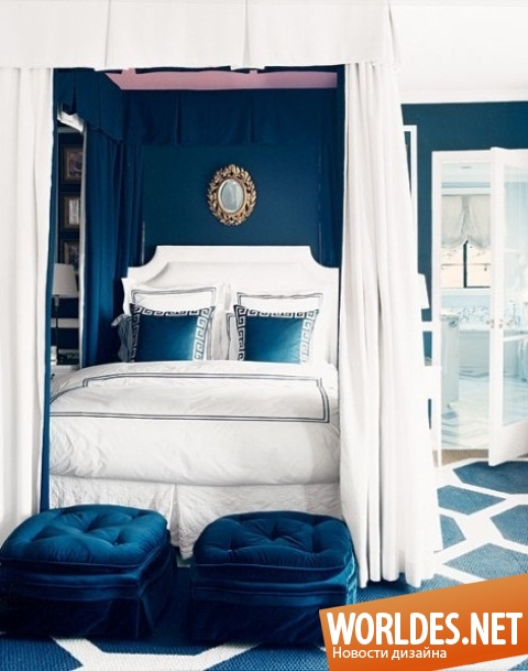 спальни в синих оттенках, интерьер спальни с синими аксессуарами, спальни с оттенками синего цвета