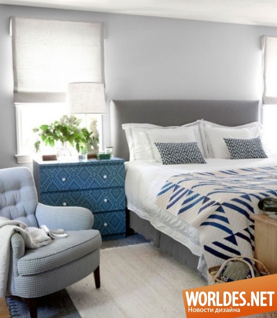 дизайн спален, красивые спальни, спальни в синих и серых цветах, спальни в сером и синем цвете, современные спальни