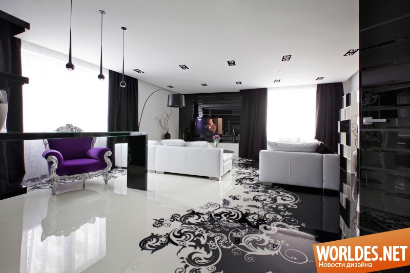 роскошный интерьер квартиры, роскошная квартира, интерьер квартиры в черно-белом цвете