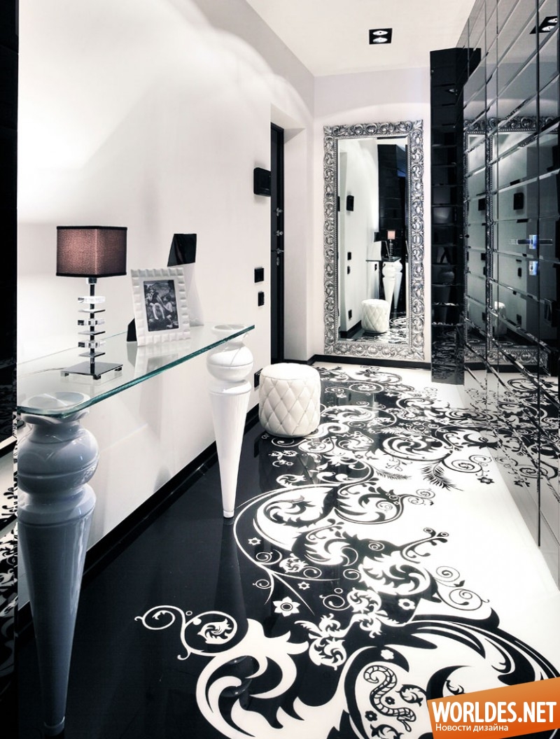 роскошный интерьер квартиры, роскошная квартира, интерьер квартиры в черно-белом цвете