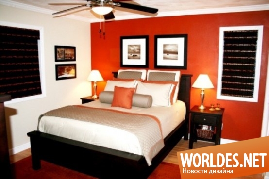 дизайн спален, современные спальни, яркие спальни, спальни с оранжевыми акцентами