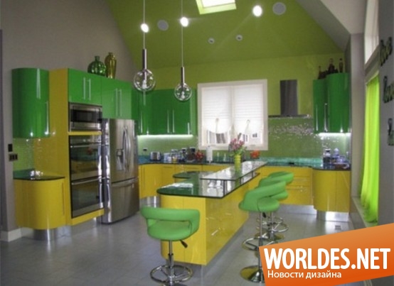 дизайн кухни, яркие кухни, современные кухни, кухни в желтом и зеленом цвете, весенние кухни