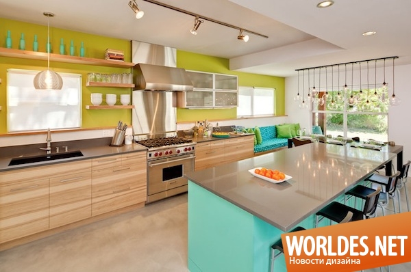 дизайн кухонь, кухни с цветными шкафами, яркие кухни, цветные кухни, стильные кухни