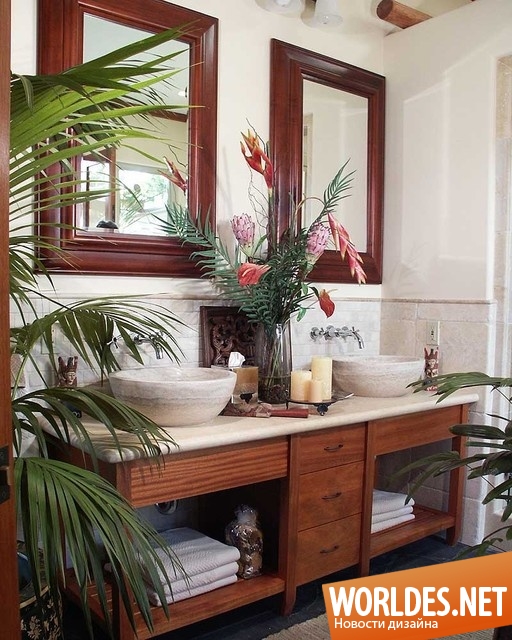 оригинальные ванные комнаты, ванные комнаты в тропическом стиле, ванные комнаты с растениями, ванны комнаты с зеленью