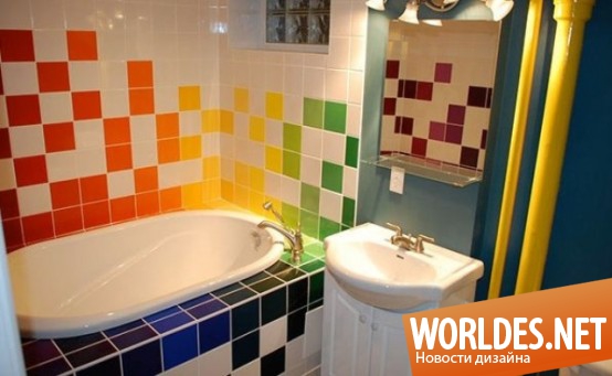 дизайн ванных комнат, ванные комнаты с цветной плиткой, красочные ванные комнаты, яркие ванные комнаты