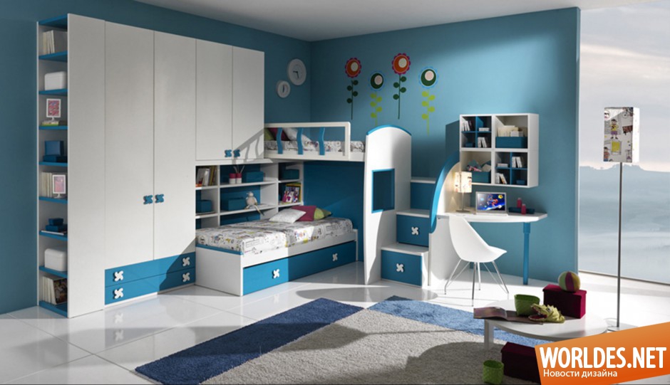 дизайн детских комнат, детские комнаты, детские комнаты фото, синий цвет в детской комнате, синий цвет в детской, синие детские