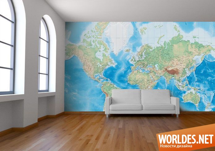 декорирование стен, оформление стен, обои для стен, обои с картой мира, оригинальные обои, необычные обои