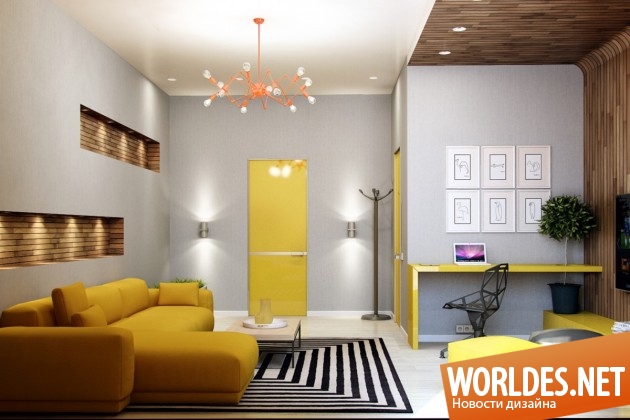 интерьер гостиной, гостиные комнаты, желтый цвет в интерьере, желтые гостиные, гостиные с желтыми акцентами