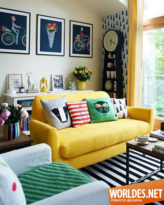 желтый диван, желтые диваны, диван желтого цвета, яркий акцент в интерьере, яркий диван