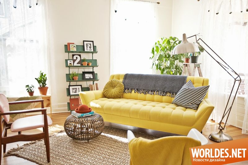 желтый диван, желтые диваны, диван желтого цвета, яркий акцент в интерьере, яркий диван