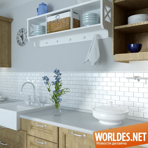 белая плитка, белые кирпич на стенах, плитка для кухни, белая плитка для кухни